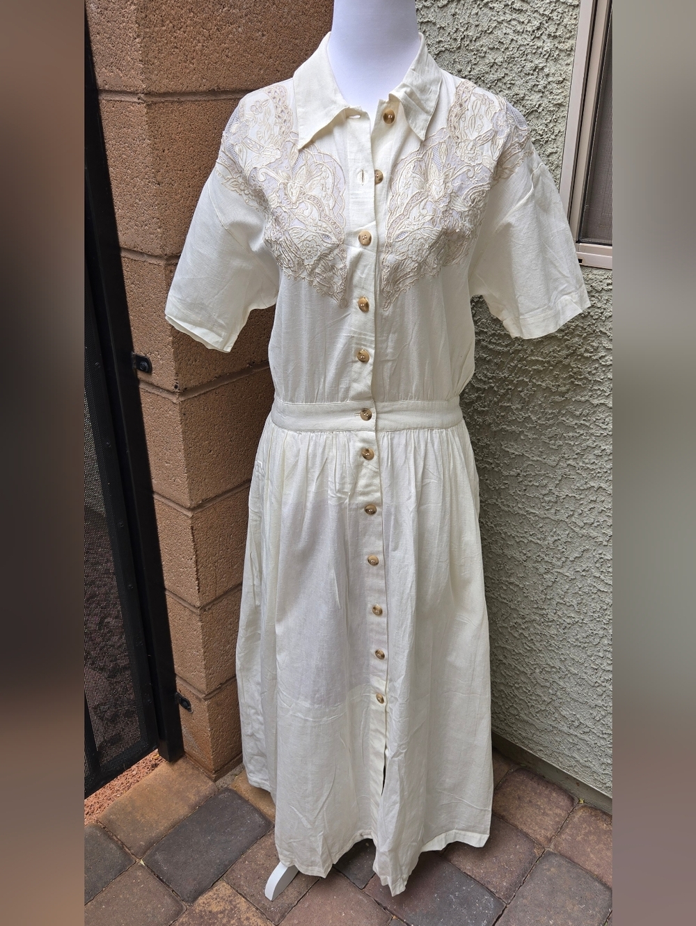 Together Vintage Cream Button-Front Shirt Dress with Lace Yoke